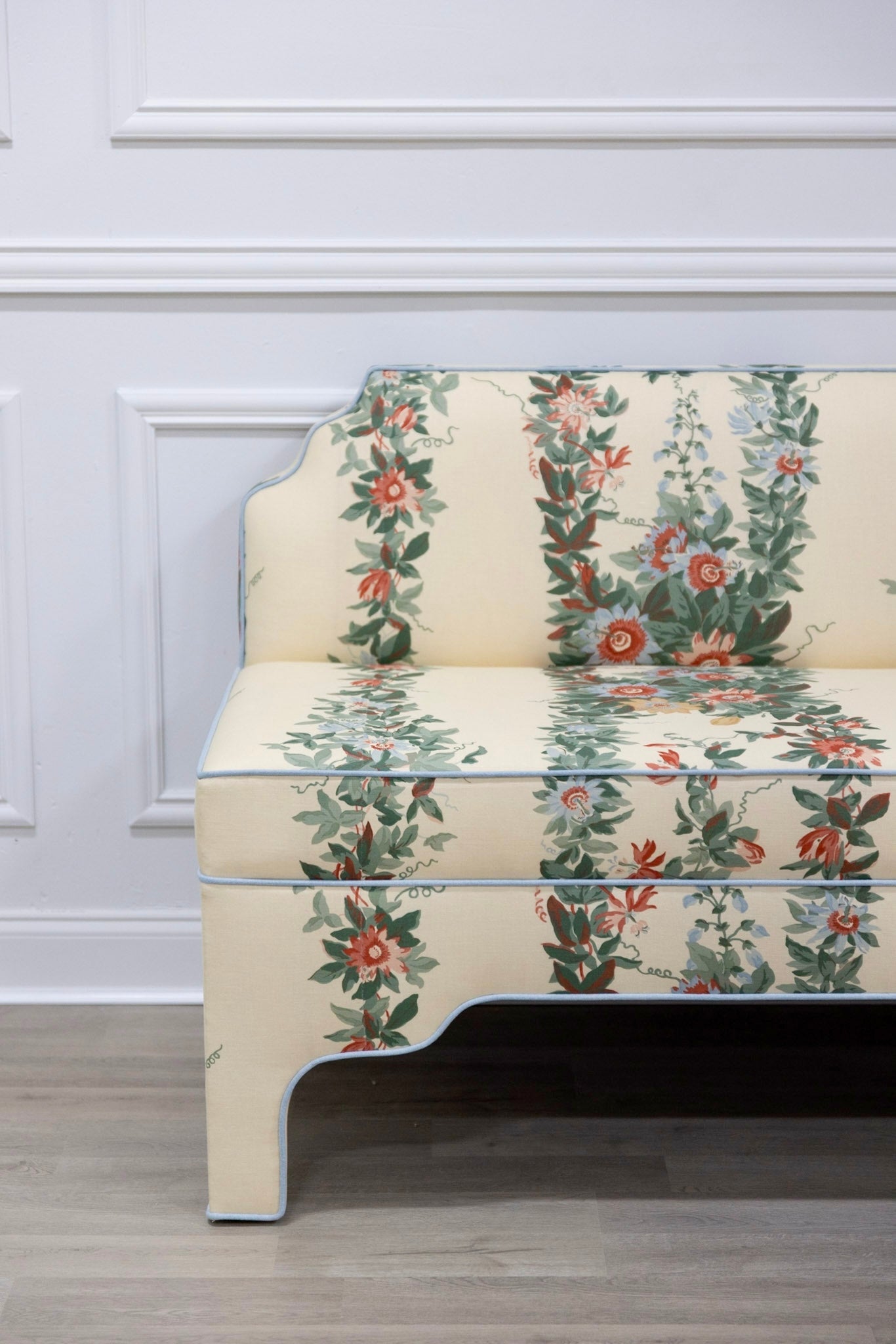 The Helena Banquette – Malmaison Jardin - Sky Blue Piping