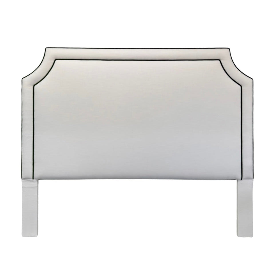 The Addison King Headboard - White Linen Fabric - Green Velvet Trim