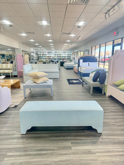 Custom Upholstered Bench in Sky Blue Woven Fabric