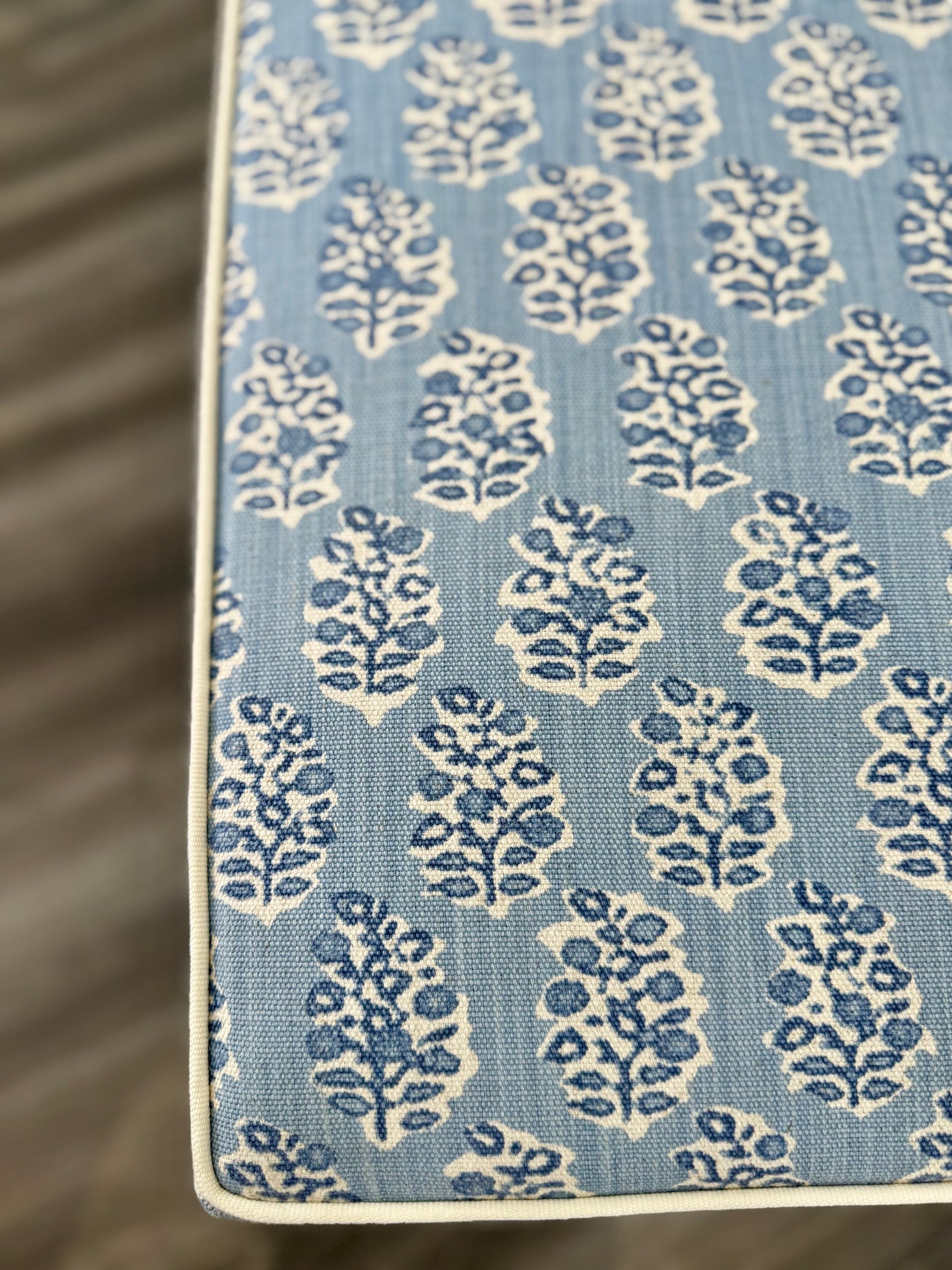 Custom Upholstered Bench in Perry Blue Floral Fabric