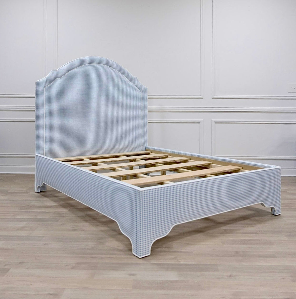 The Grace Queen Bed - Blue Gingham Fabric - White Trim