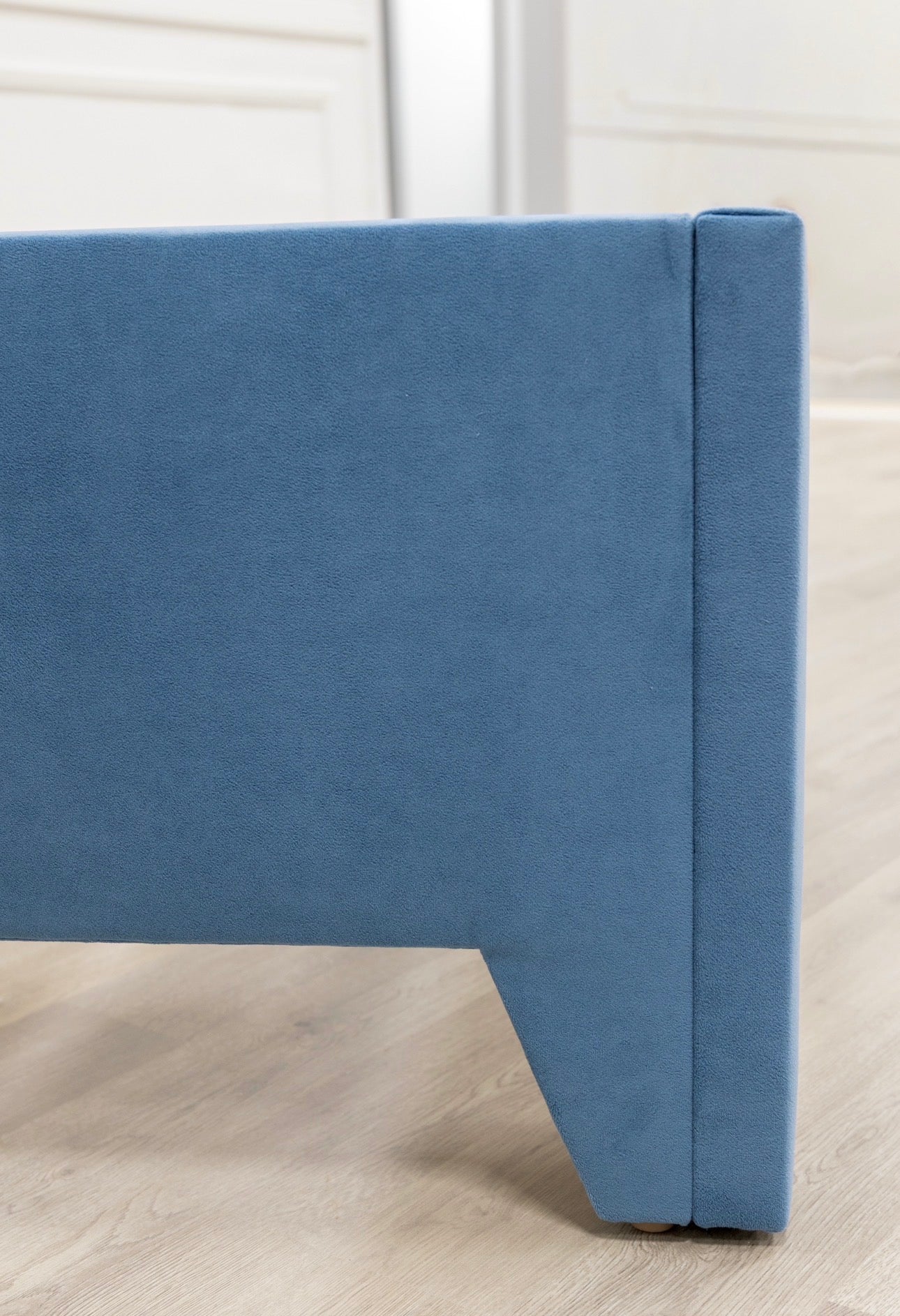 The Jacob King Bed - Upholstered Legs - Ocean Blue Performance Velvet Fabric - White Trim