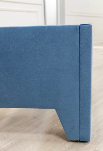 The Jacob King Bed - Upholstered Legs - Ocean Blue Performance Velvet Fabric - White Trim