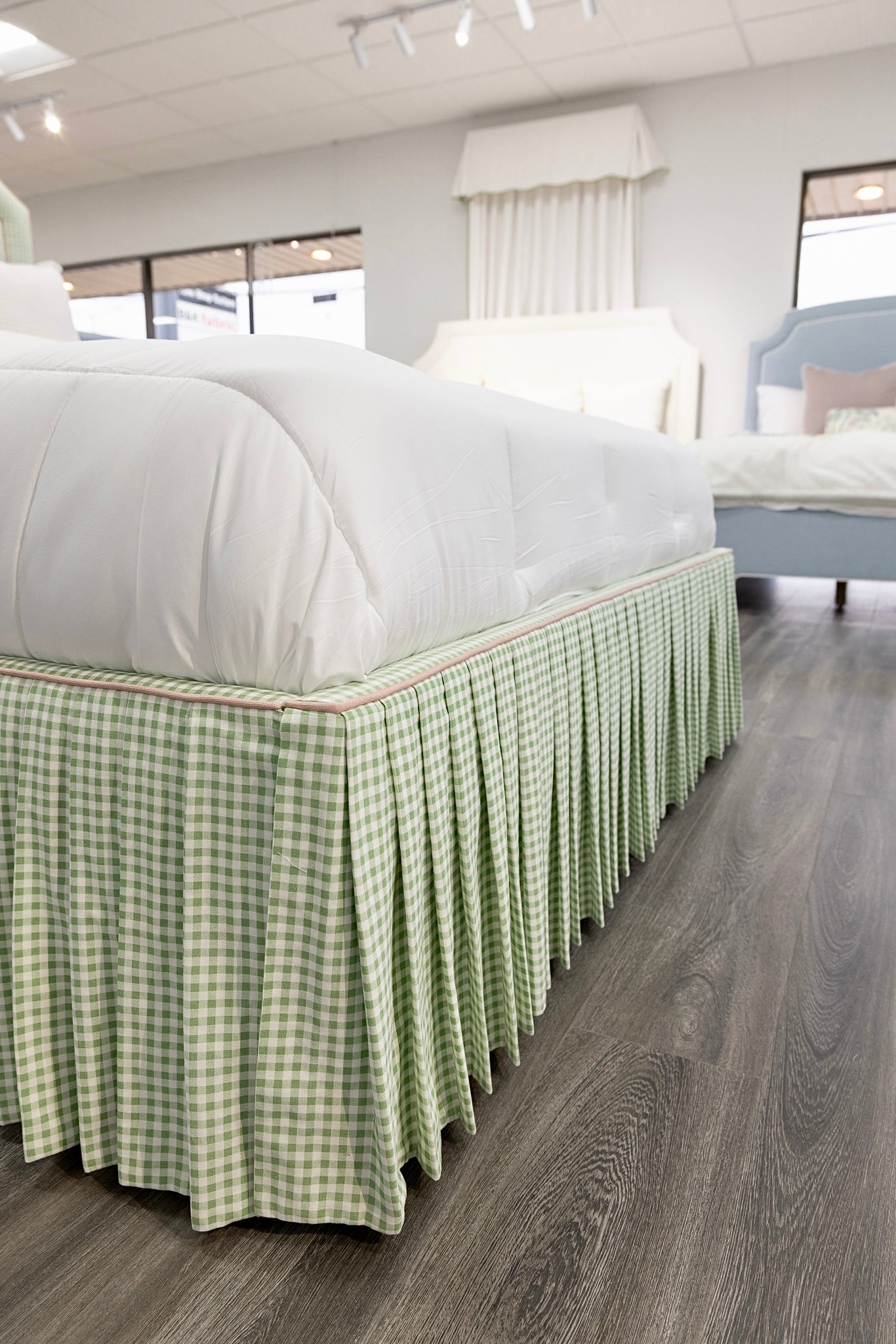 The Addison Queen Bed - Skirted Base - Sage Green Gingham Fabric - Pink Trim
