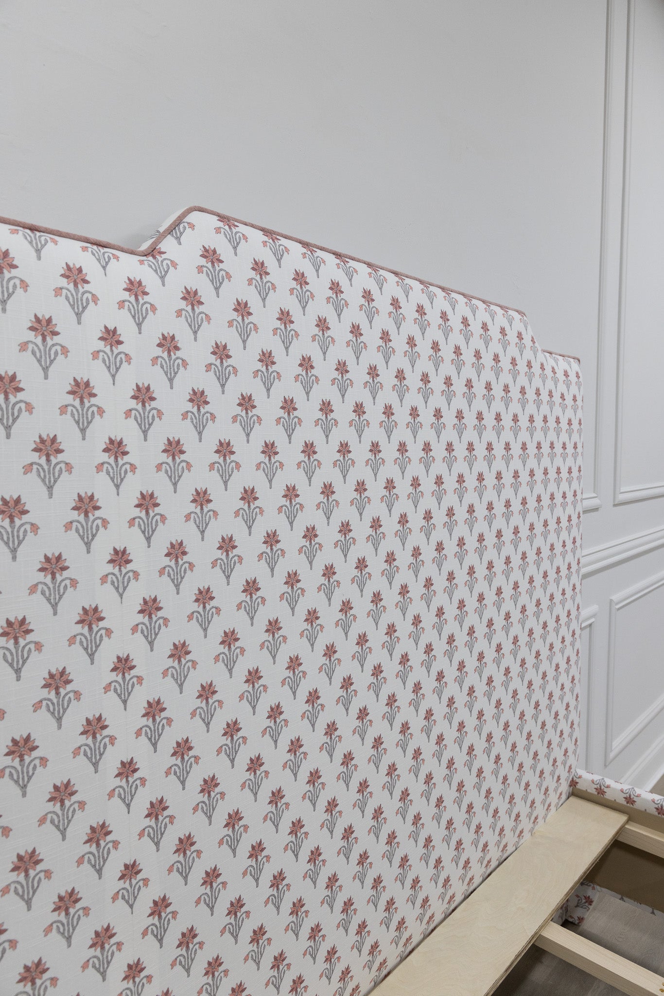 The Celeste Queen Bed - Pink Floral Linen Fabric - Petal Pink Trim