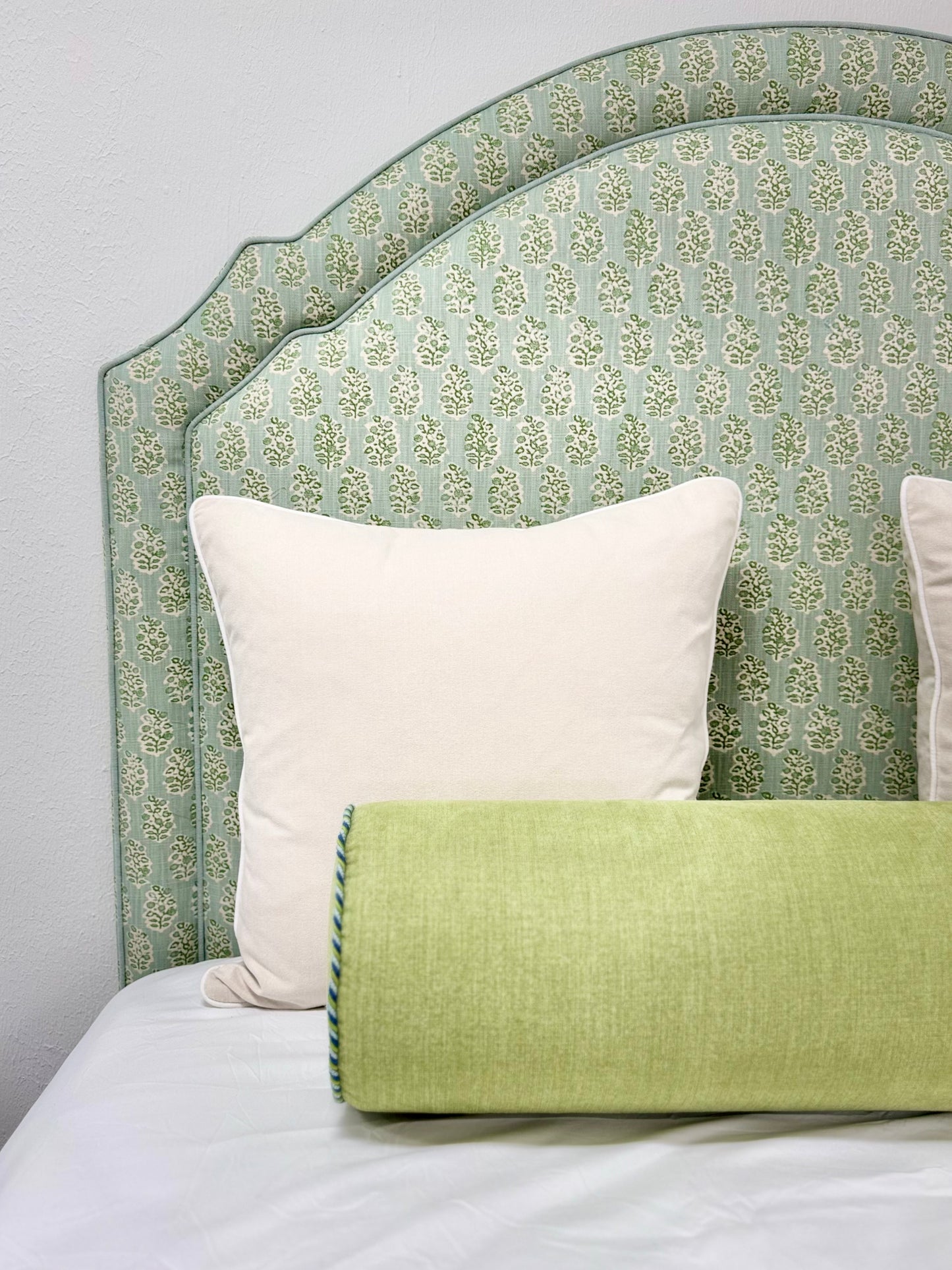 65” H Queen Headboard Only - Perry Floral Green - Sky Blue Trim