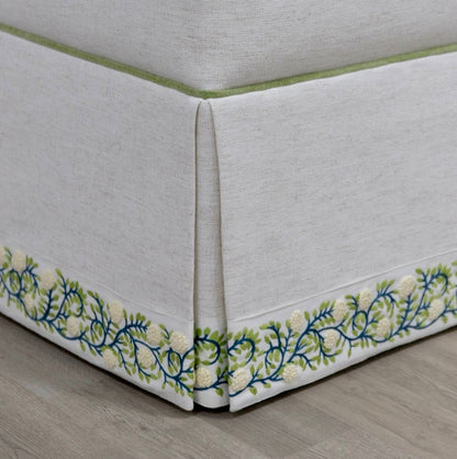 Custom Upholstered Skirted Banquette – Crypton Off-White Fabric, Pistachio Green Trim