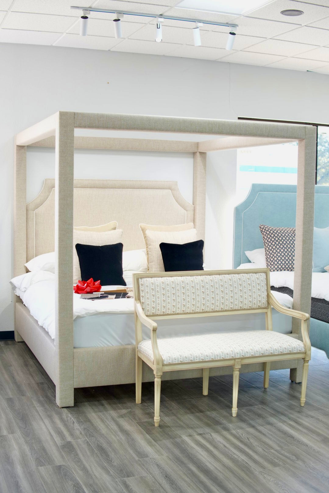 Classic Upholstered King Canopy Bed in Neutral Linen