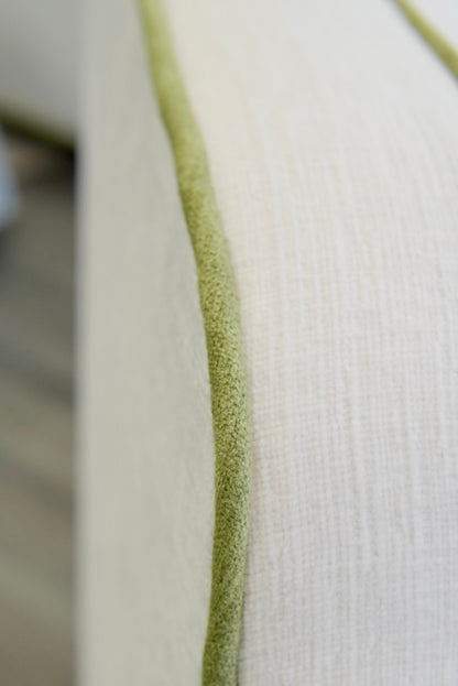 Custom Scalloped Swivel Chair: White Performance Fabric - Pistachio Green Trim