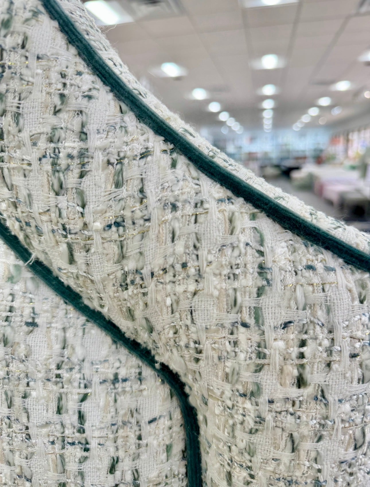 65" H King Platform Bed - Scalloped Legs - Textured Kravet Fabric- Teal Trim