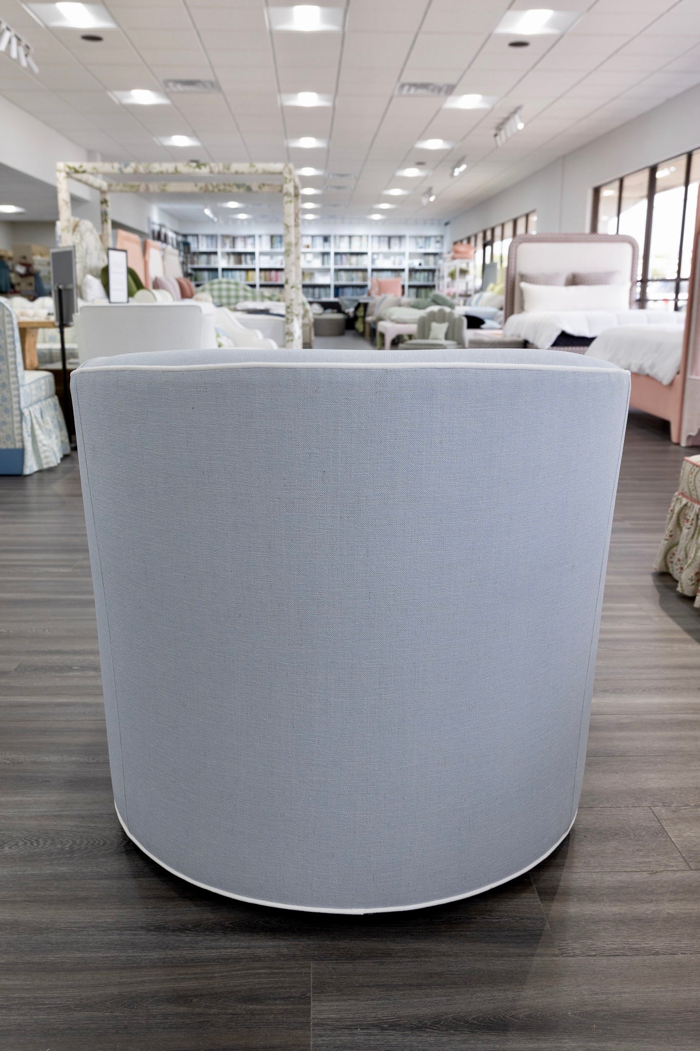 Custom Swivel Chair: Performance Light Blue Crypton Fabric - White Trim