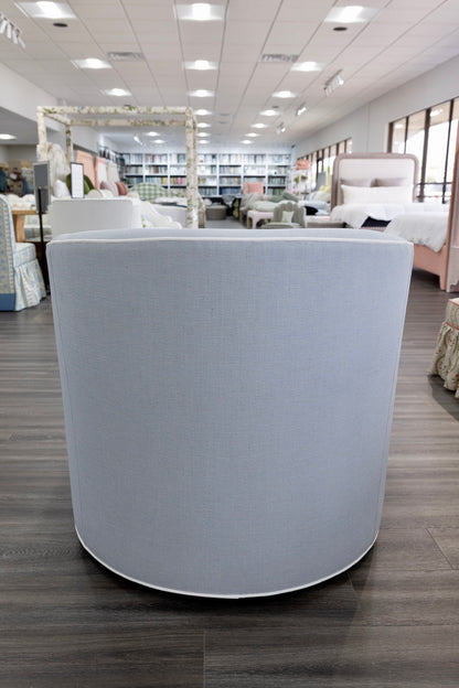 Custom Swivel Chair: Performance Light Blue Crypton Fabric - White Trim
