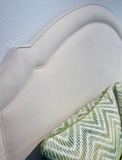 60" H Queen Upholstered Platform Bed - Brown Wooden Legs - Oatmeal Woven Fabric - Self Welted