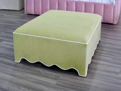 Scalloped Ottoman / Coffee table in Pistachio Green Woven Fabric - White Trim