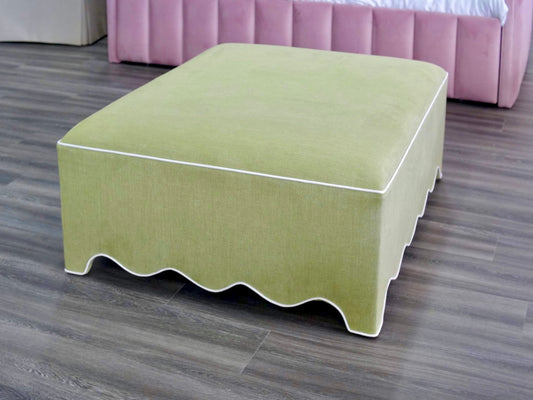 Scalloped Ottoman / Coffee table in Pistachio Green Woven Fabric - White Trim