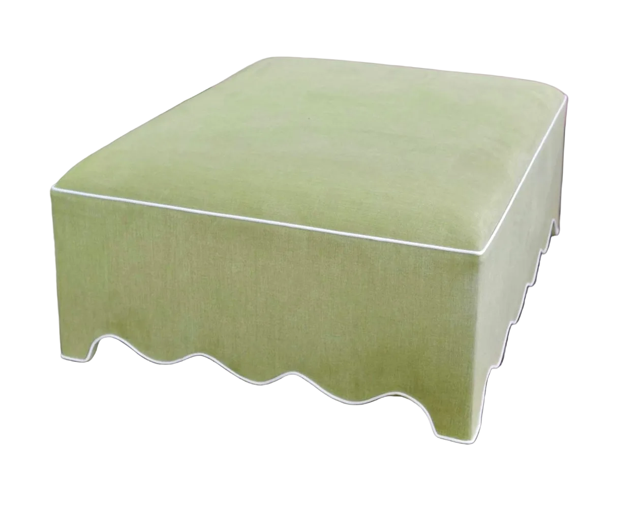 Scalloped Ottoman / Coffee table in Pistachio Green Woven Fabric - White Trim