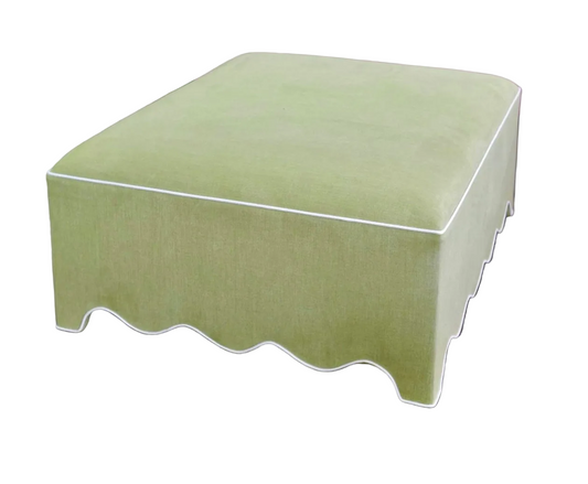 Scalloped Ottoman / Coffee table in Pistachio Green Woven Fabric - White Trim