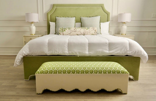 The Addison King Bed - Scalloped Legs - Pistachio Green Woven Fabric - White Trim