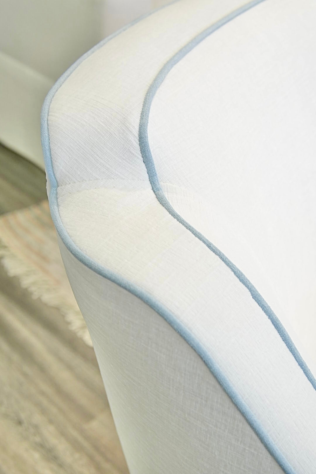 Custom Scalloped Swivel Chair: White Performance Fabric - Sky Blue Trim