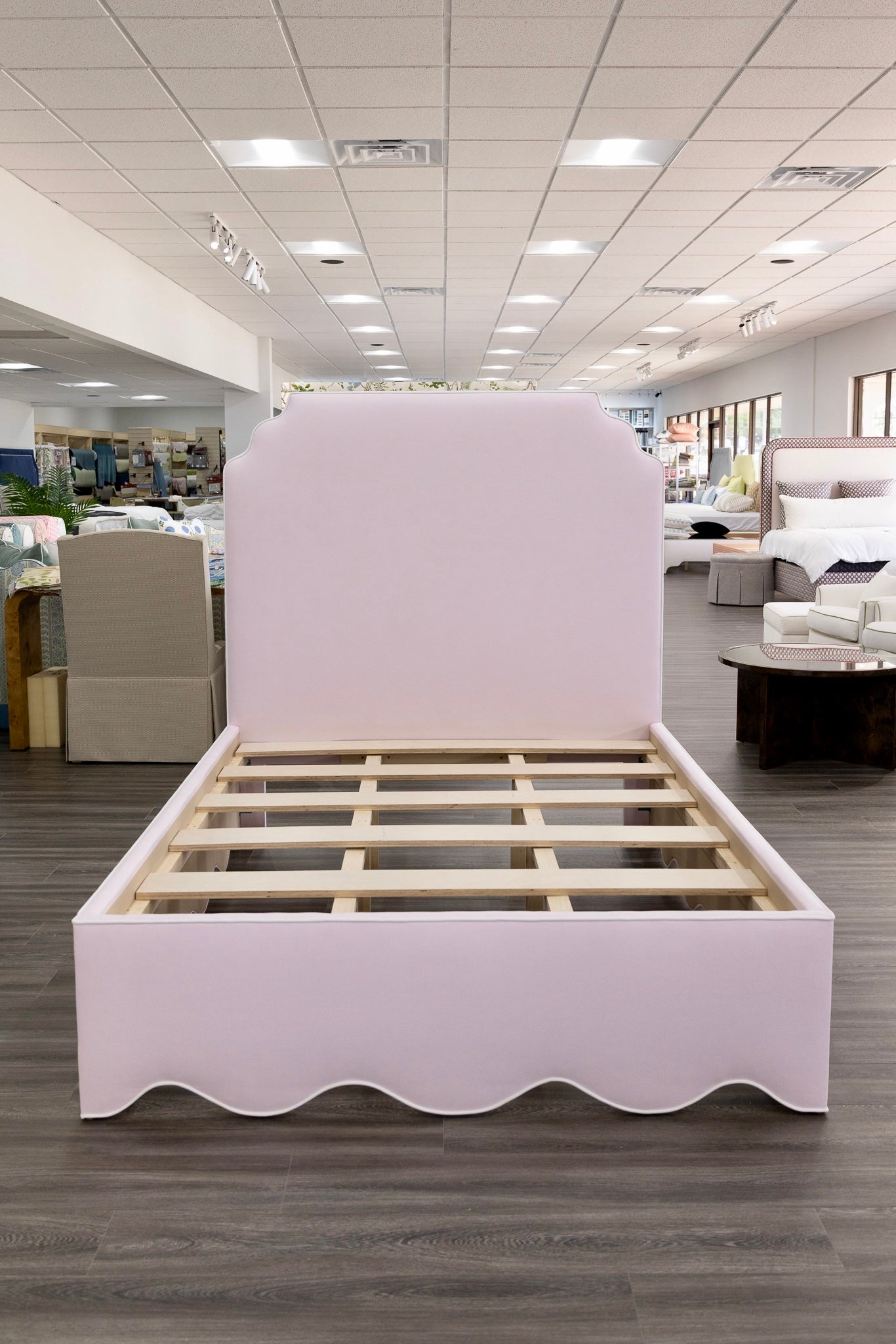 The Helena Queen Bed - Scalloped Base - Powder Pink Woven Fabric - White Trim