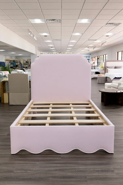 The Helena Queen Bed - Scalloped Base - Powder Pink Woven Fabric - White Trim