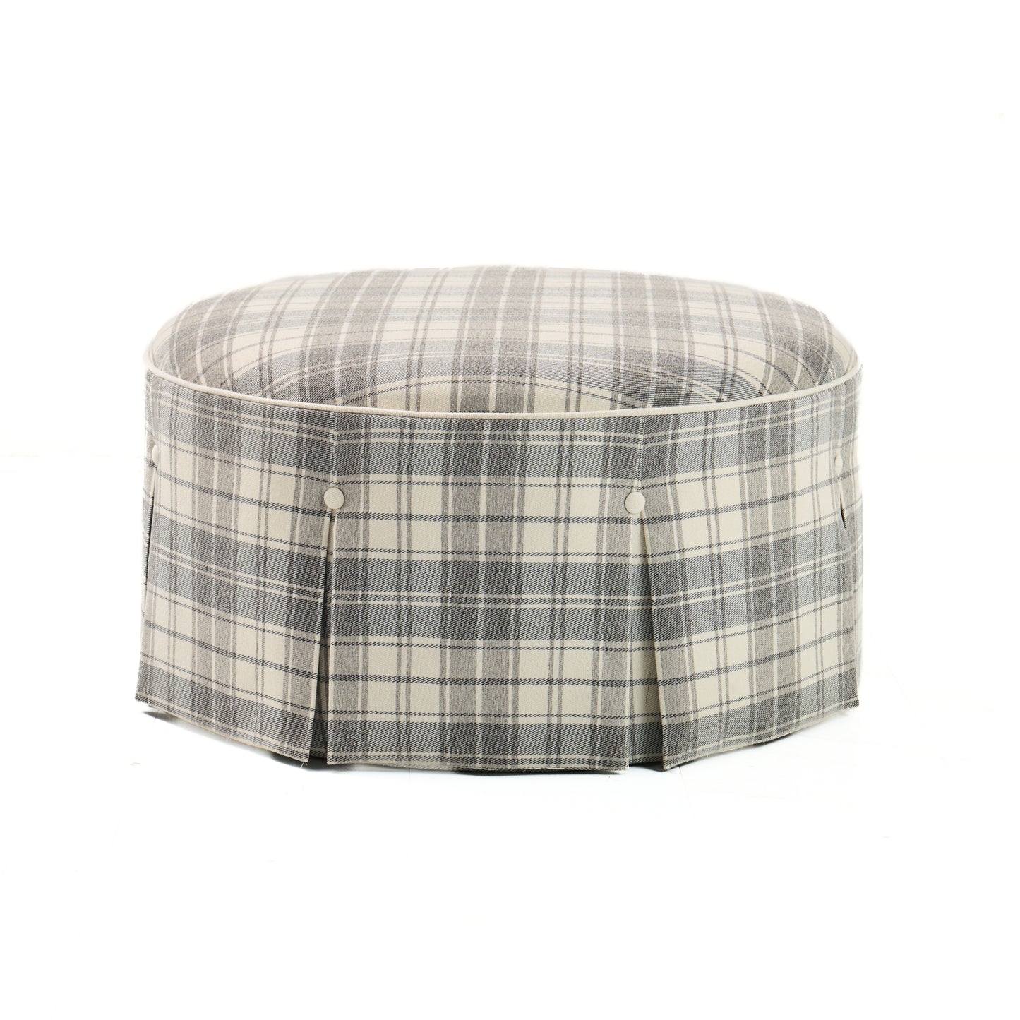32" Round Skirted Ottoman in Gray Plaid Upholstery Fabric