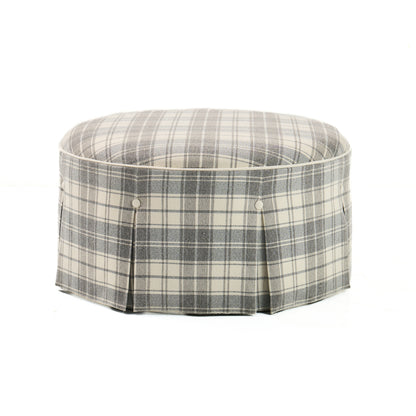 32" Round Skirted Ottoman in Gray Plaid Upholstery Fabric