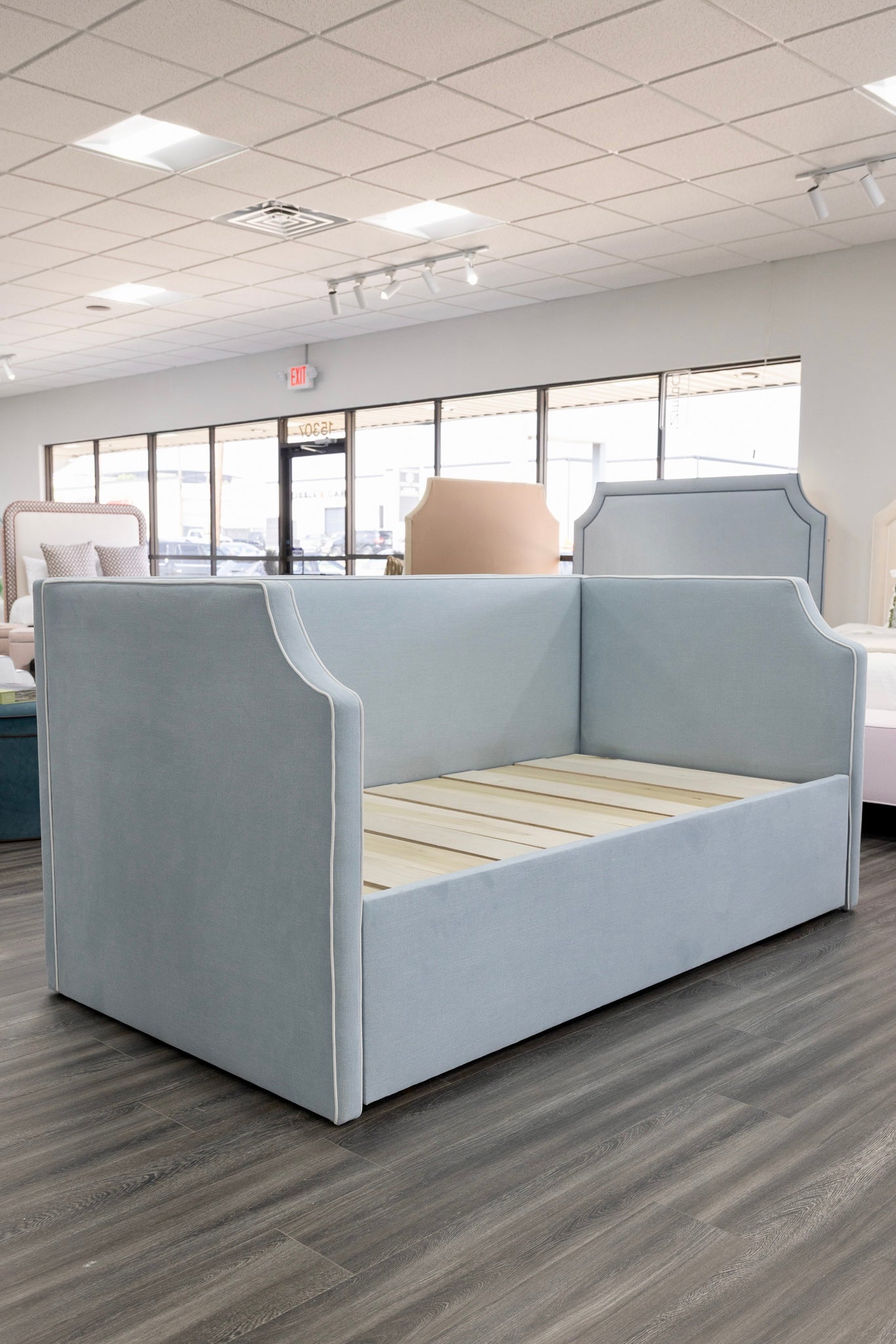 The Addison Twin to King Trundle Daybed - Sky Blue Woven fabric - White Trim