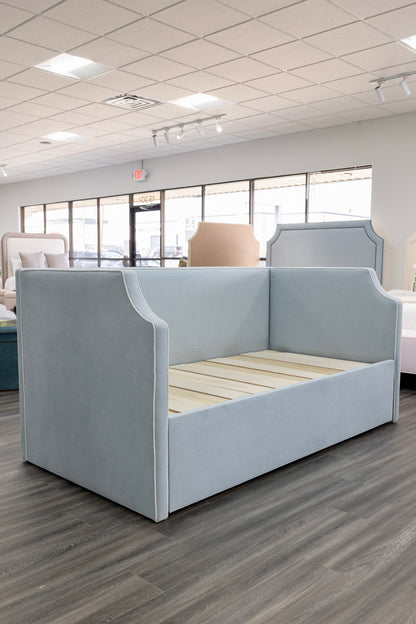 The Addison Twin to King Trundle Daybed - Sky Blue Woven fabric - White Trim