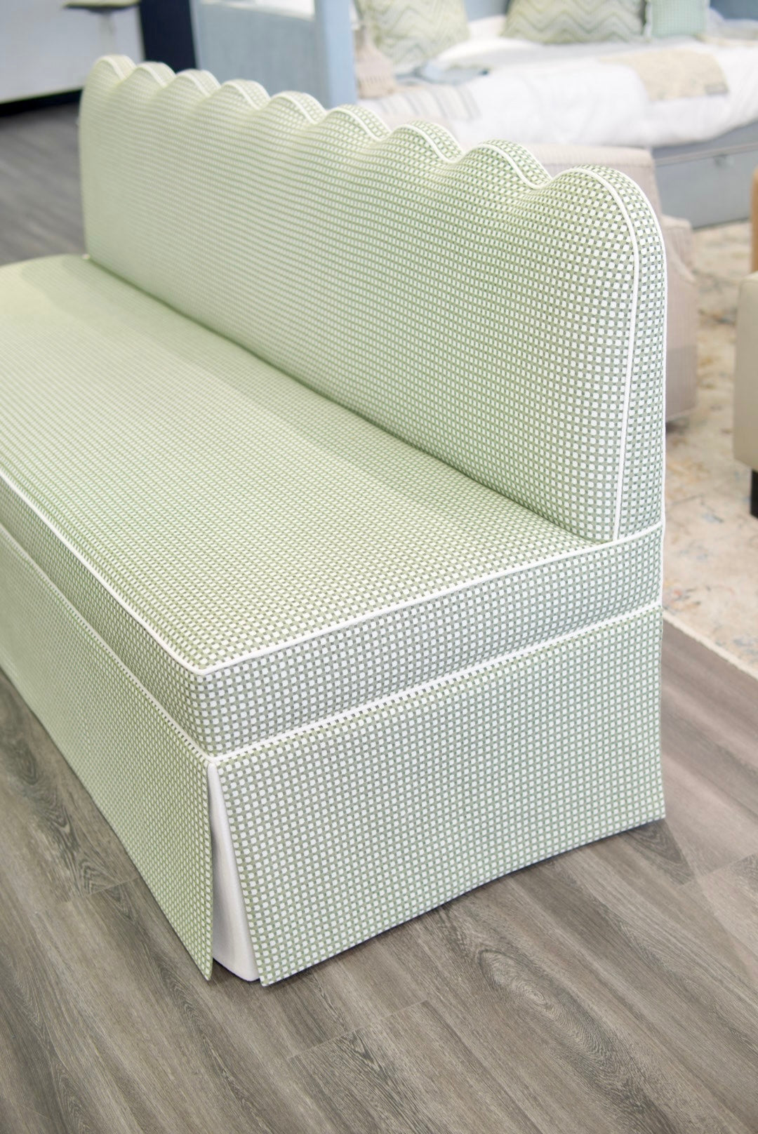 76"L Custom Scalloped Banquette in Darcy Leaf Fabric from Thibaut - Modern Upholstered Dining Banquette with Pleated Skirt