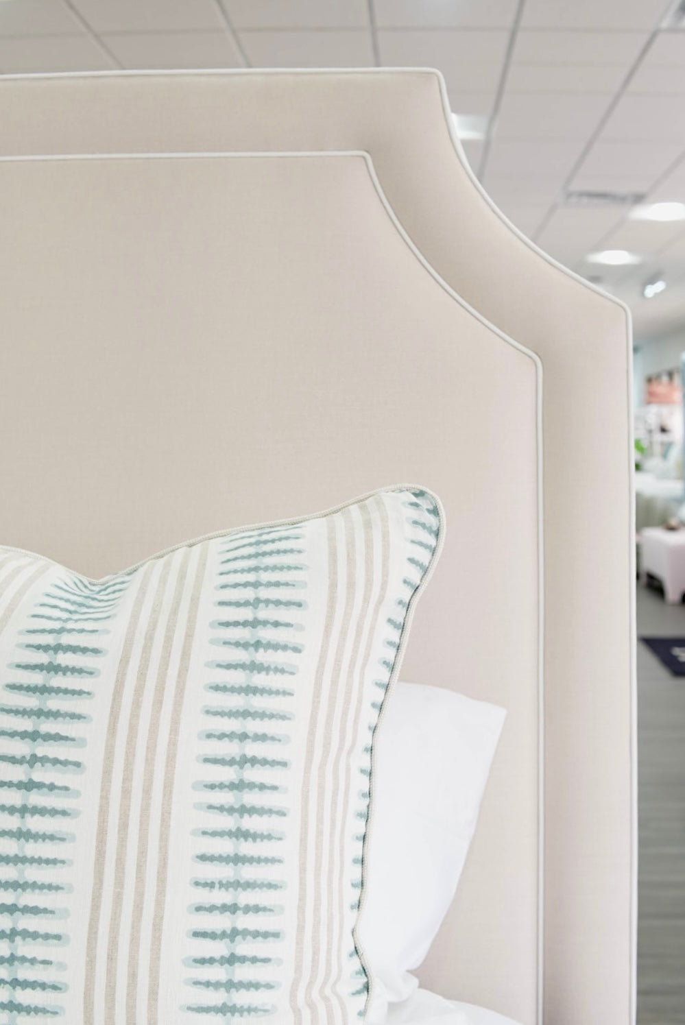 65" H King Platform Bed - Wooden Legs - Oatmeal Woven Fabric - White Welted