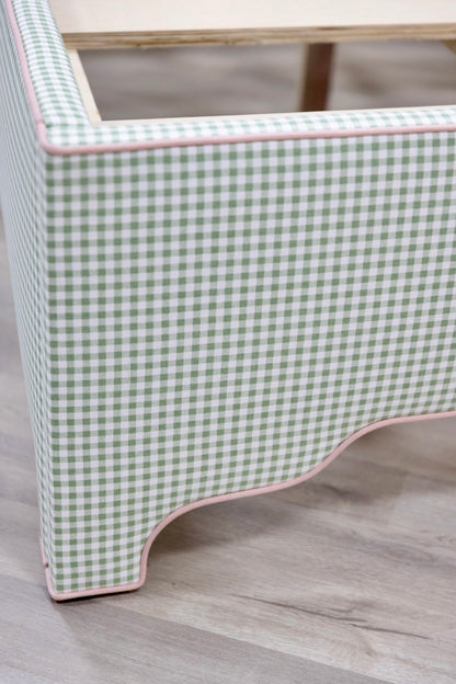 The Grace Queen Bed - Sage Green Gingham Fabric - Blush Pink Trim