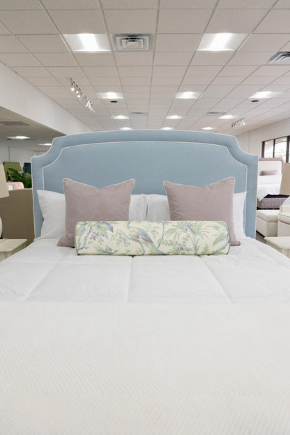 The Aliana King Bed - Scalloped Legs - Sky Blue Woven Fabric with White Trim