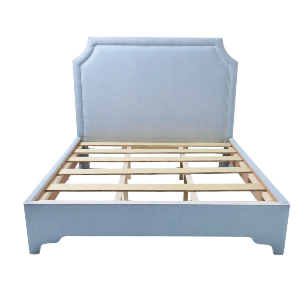 65" H King Platform Bed - Scalloped Legs - Sky Blue Woven Fabric with White Trim