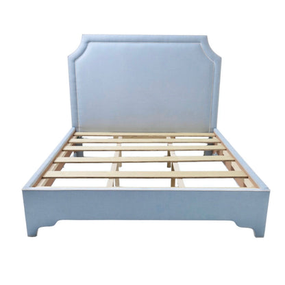 65" H King Platform Bed - Scalloped Legs - Sky Blue Woven Fabric with White Trim