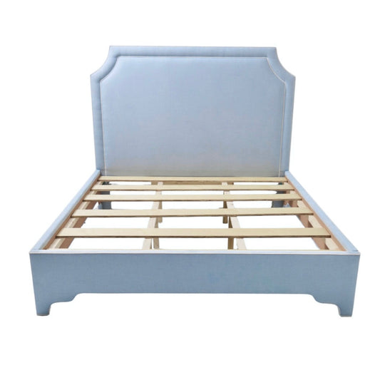 65" H King Platform Bed - Scalloped Legs - Sky Blue Woven Fabric with White Trim