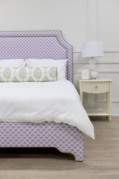 The Addison Queen Bed - Lavender Floral Linen Fabric - Green Trim