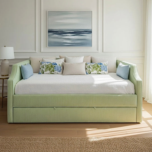 Twin Trundle Daybed - Striped Green Fabric - Sky Blue Trim