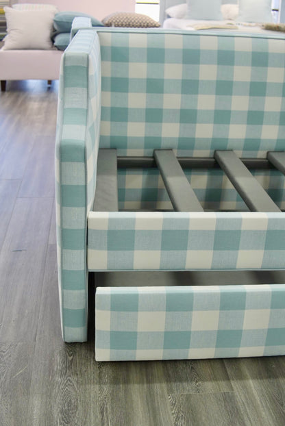 Twin Trundle Daybed - Buffalo Blue Checkered Fabric with Sky Blue Trim