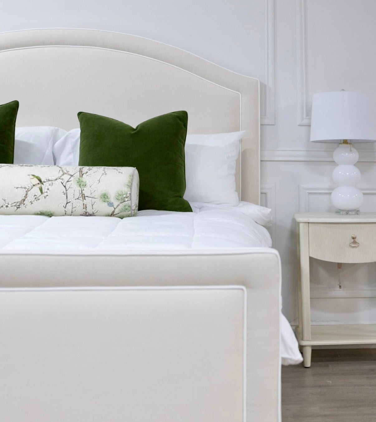 The Lilliane King Bed - Upholstered Footboard - Oatmeal Woven Fabric - White Trim