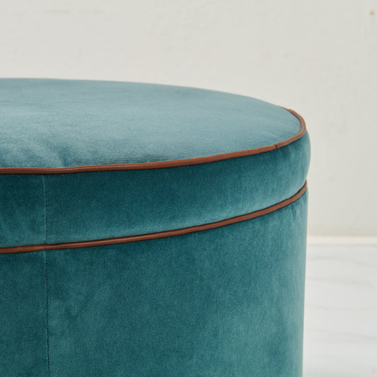 36" Round Ottoman / Coffee Table in Turquoise Mohair Fabric - Brown Leather Trim