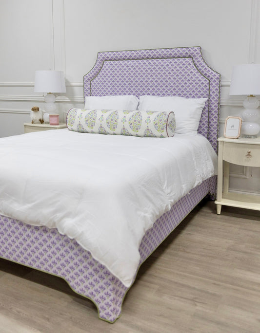 The Addison Queen Bed - Lavender Floral Linen Fabric - Green Trim