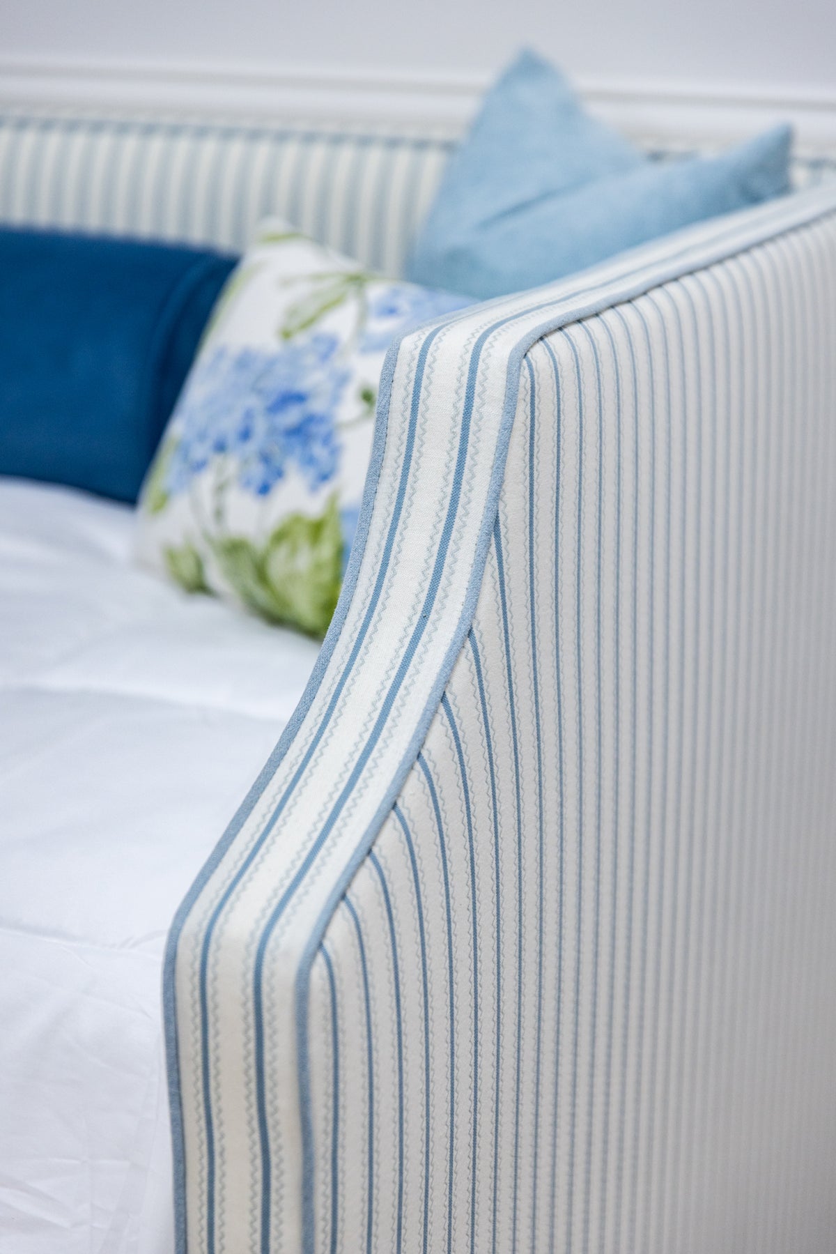 The Addison Twin to King Trundle Daybed - Schumacher Stripe Fabric - Sky Blue Trim