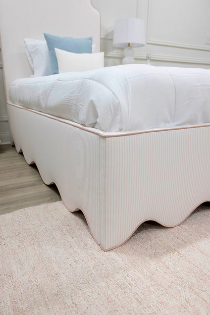 The Helena Twin Bed - Scalloped Base - Classic Ticking Pink Fabric - Pink Trim