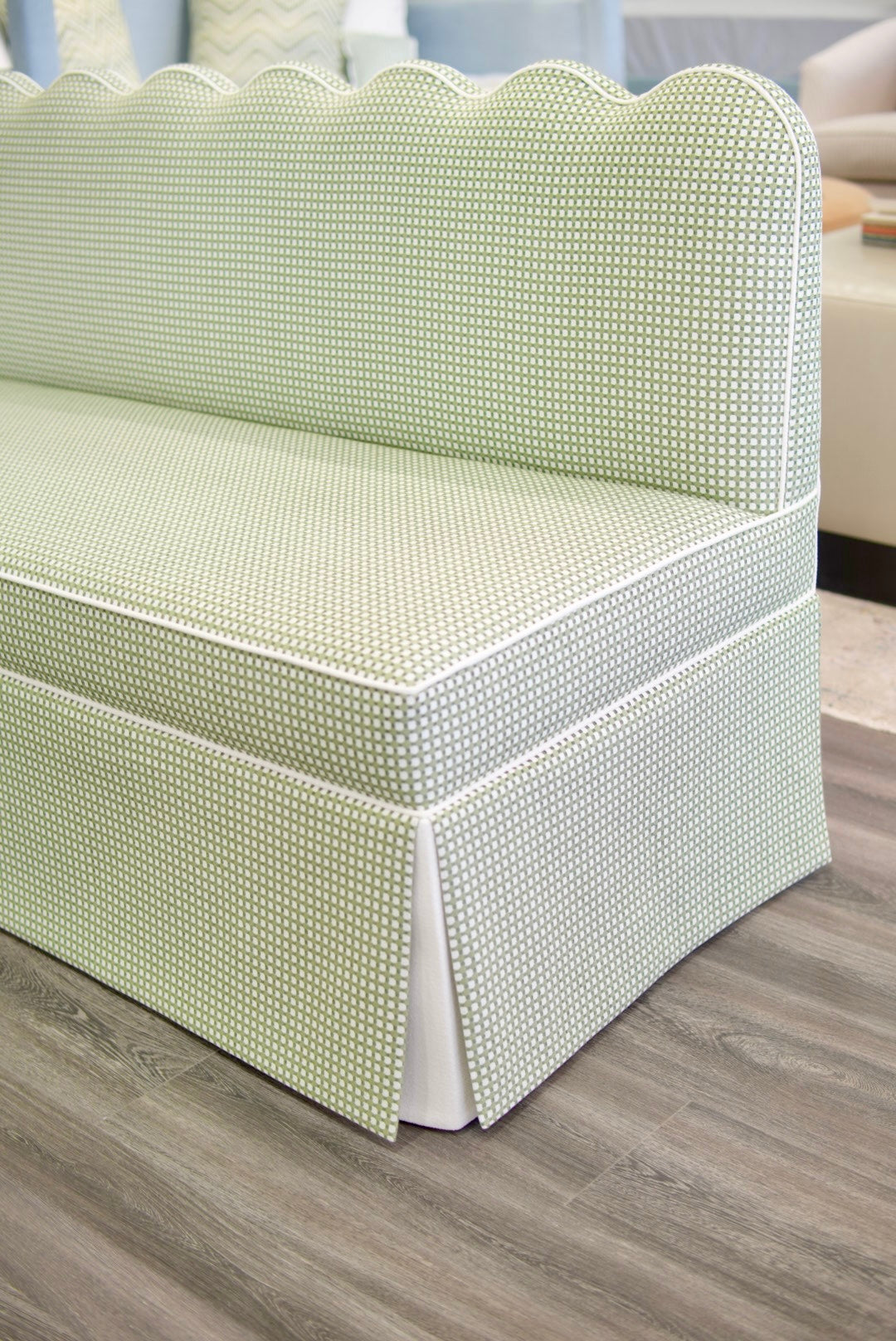 76"L Custom Scalloped Banquette in Darcy Leaf Fabric from Thibaut - Modern Upholstered Dining Banquette with Pleated Skirt