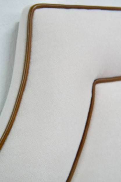 65"H King Headboard in Cream Woven Fabric - Brown Leather Trim