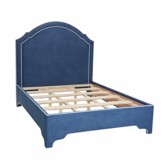 65"H Queen Upholstered Platform Bed - Scalloped Legs - Navy Woven Fabric with White Trim