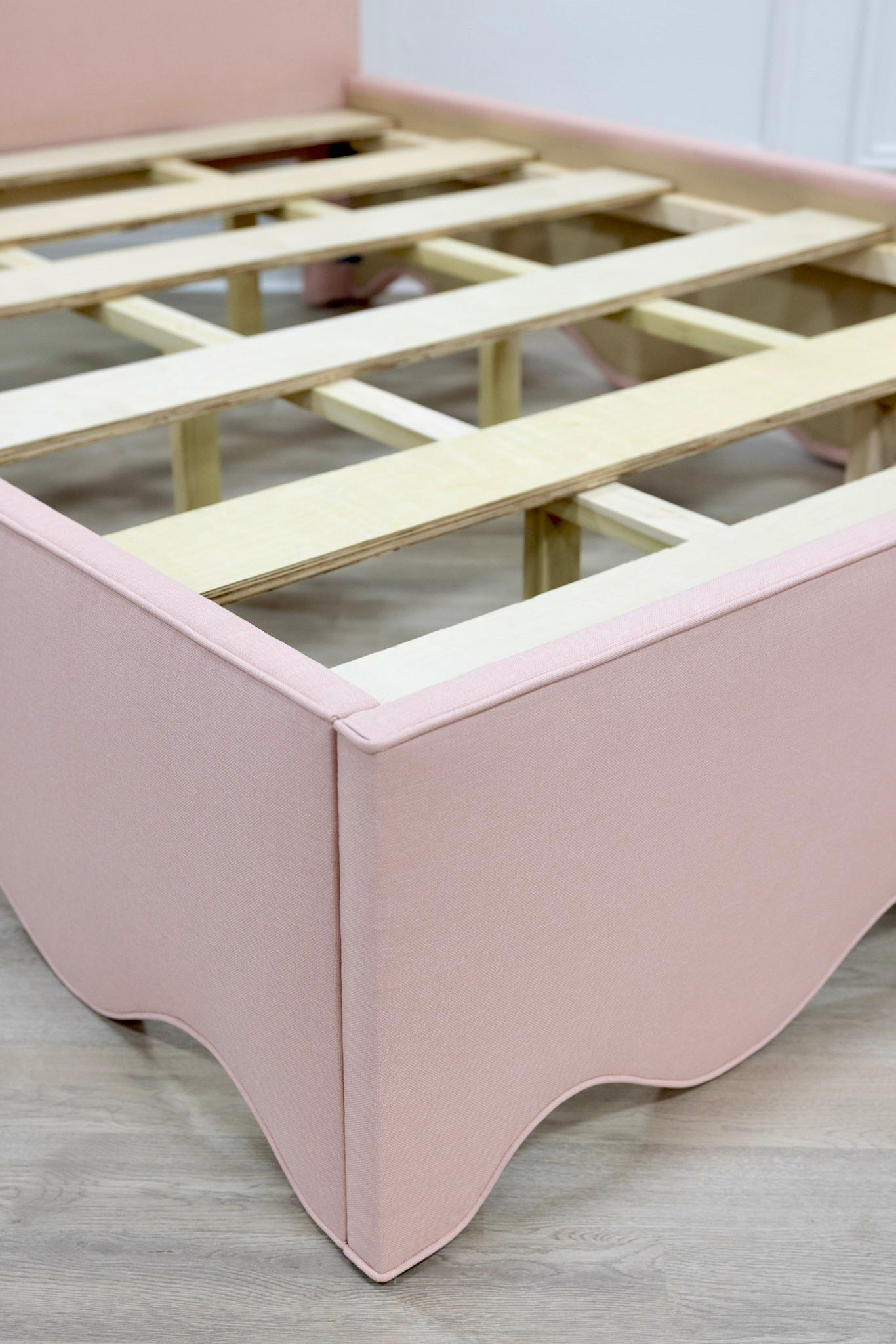 65”H Queen Upholstered Platform Bed - Blush Pink Linen Fabric - Self Welted