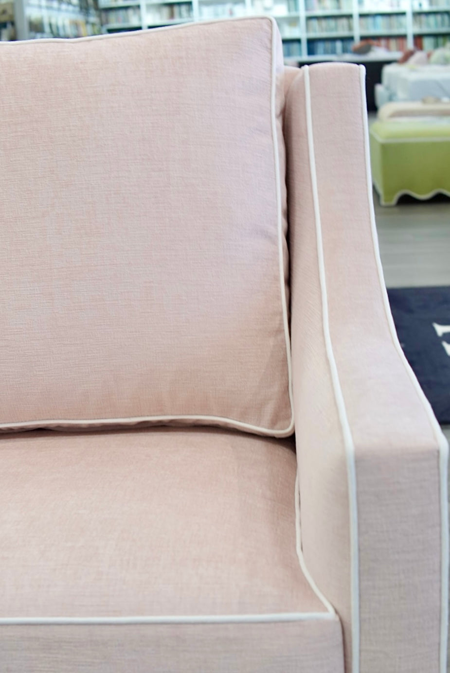 Custom Swivel Glider Chair – Performance Light Pink Chenille Fabric with White Trim