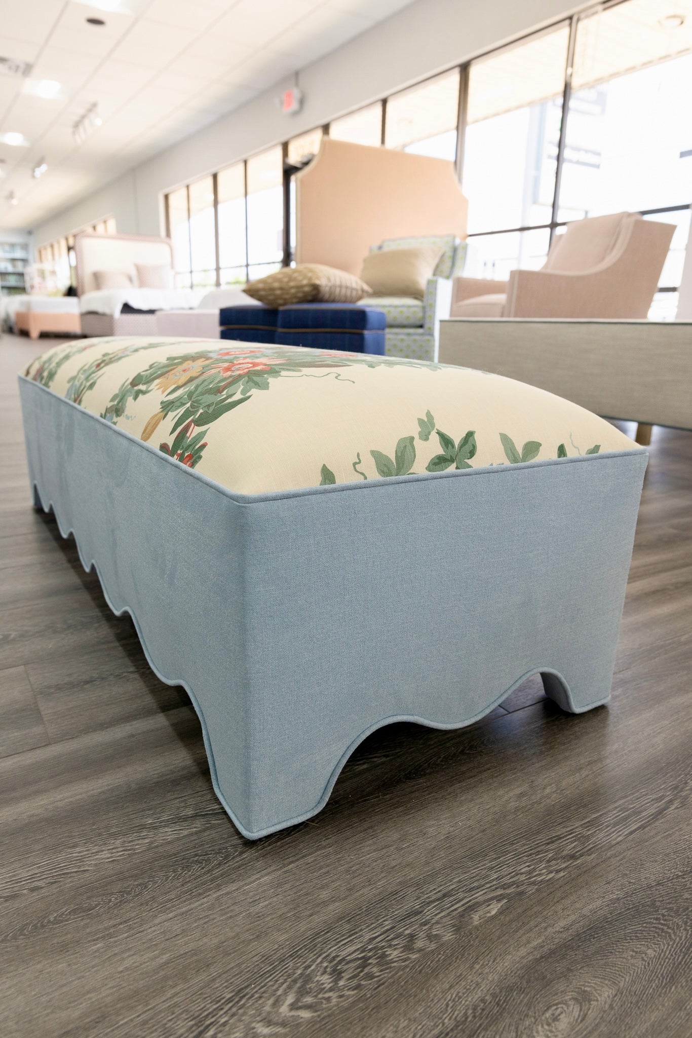 50” L Scalloped End of Bed Bench in Sky Blue Woven Fabric - White Trim